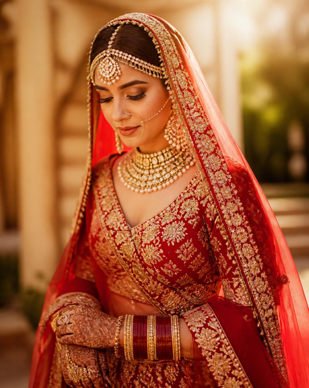 Bride in red and gold bridal lehenga at golden hour